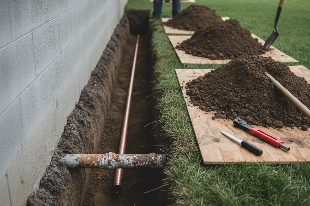 Excavated water line trench during Sewer Line Repair in Argyle